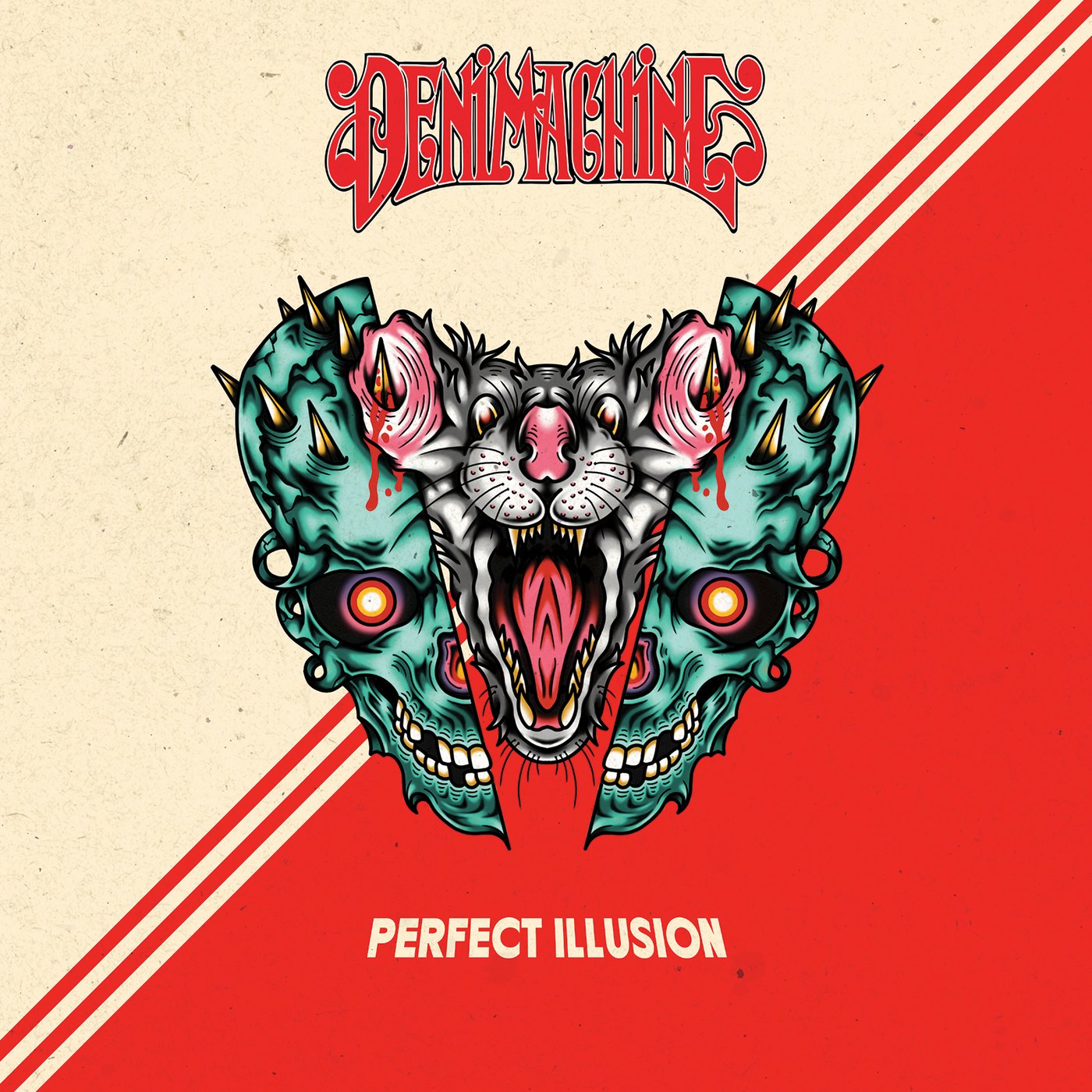 Perfect Illusion cover art by Paul Henrik: a snarling rat flanked by two teal skulls on a cream and red diagonal field, under the Denimachine logo.